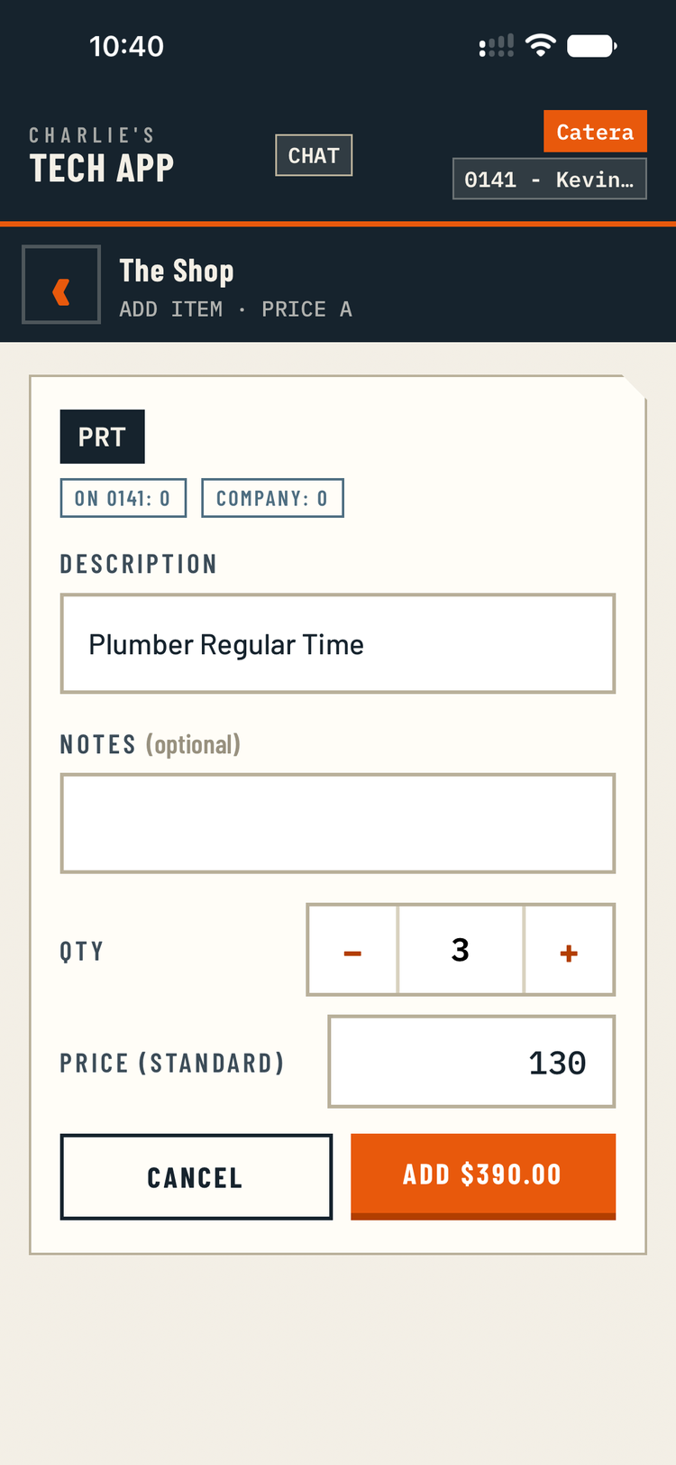Adding labor to the invoice.
