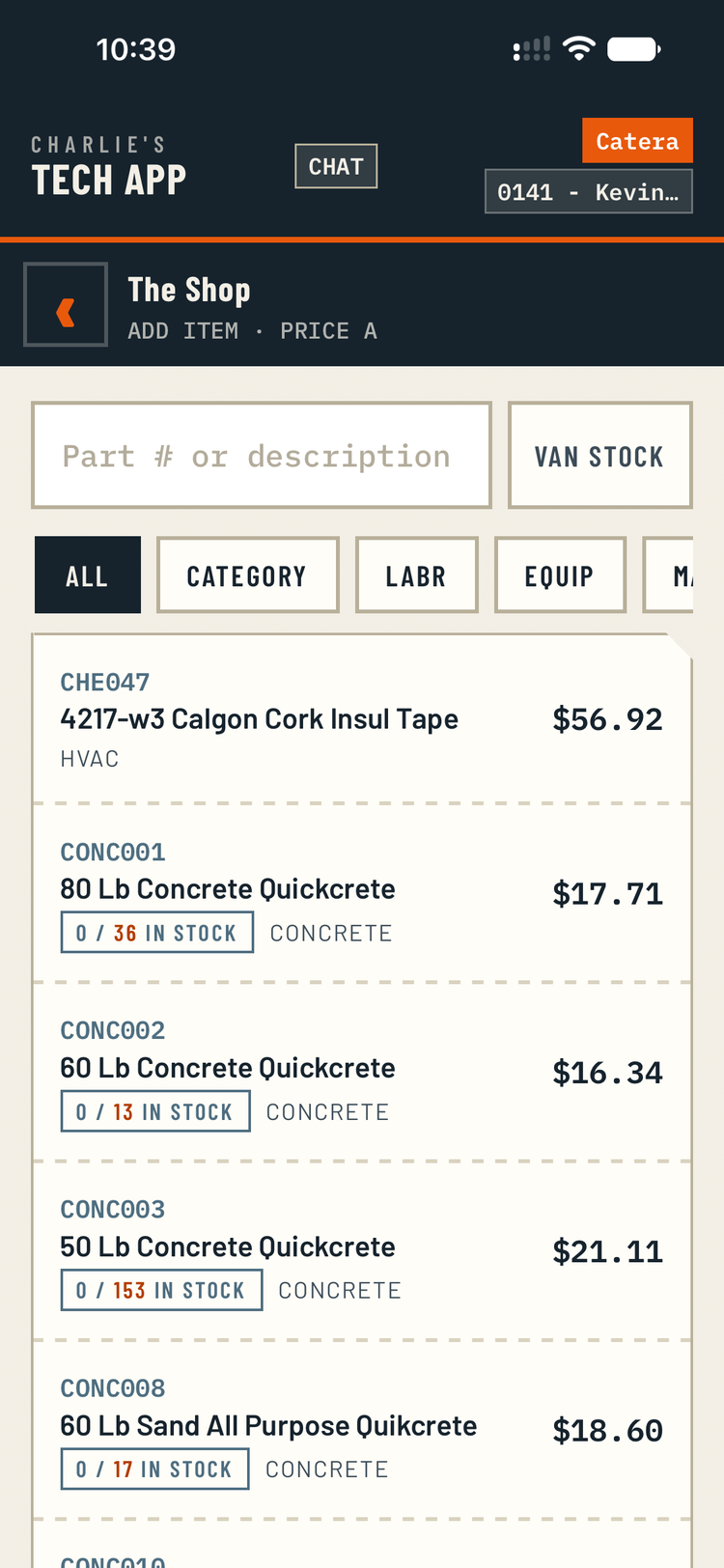 Searching the parts catalog to add a part.