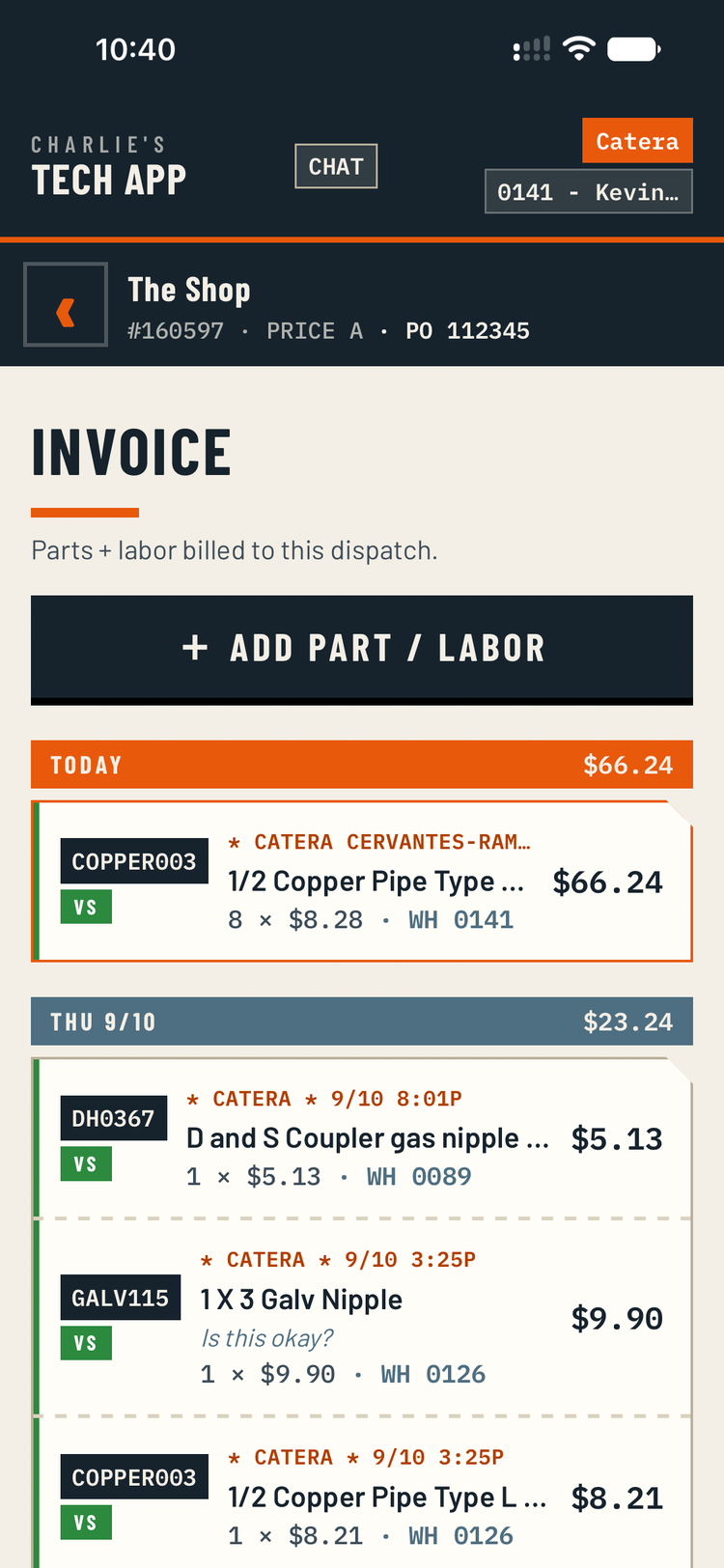 Invoice review showing parts billed today and on previous days with totals.