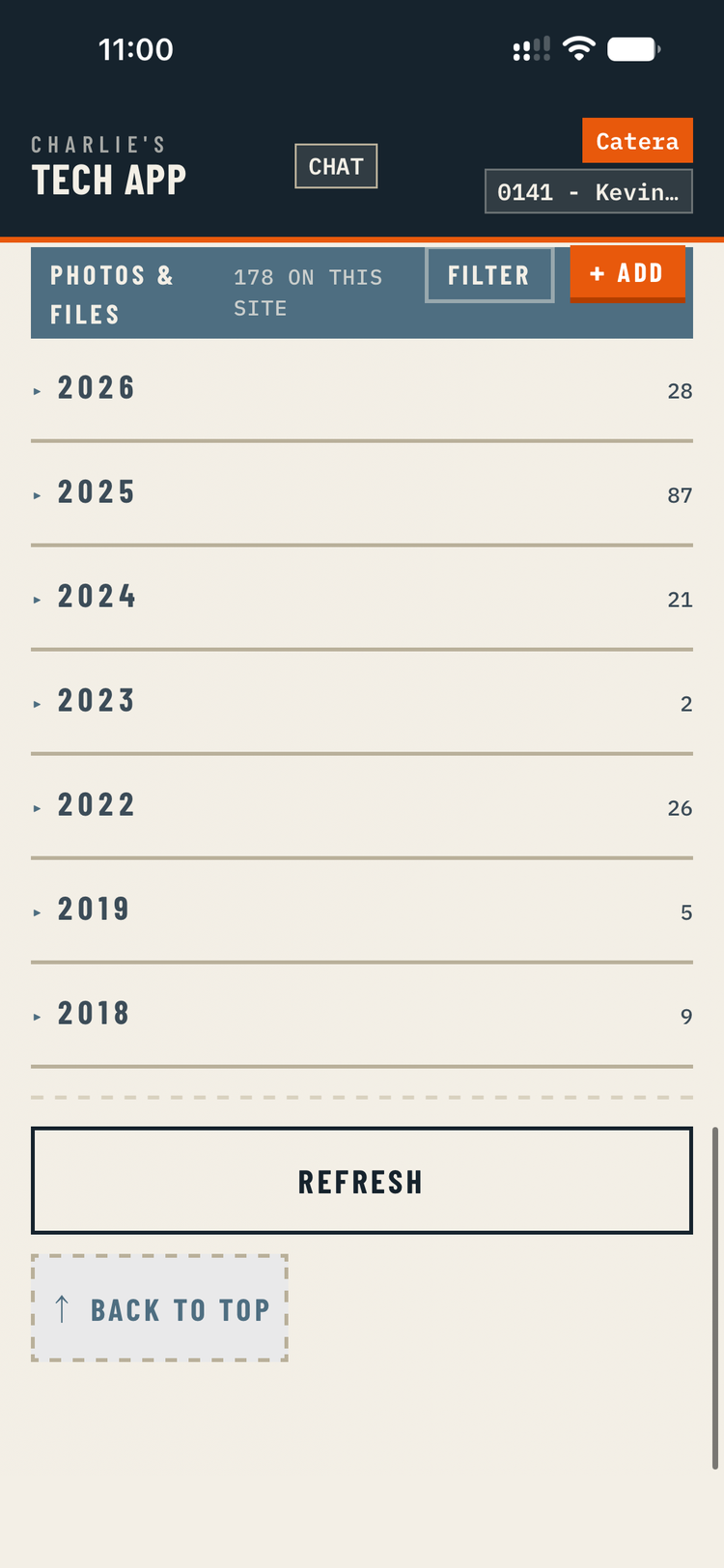 A photos and files header reading 178 on this site, with a collapsed list of years from 2018 to 2026 and a count on each.