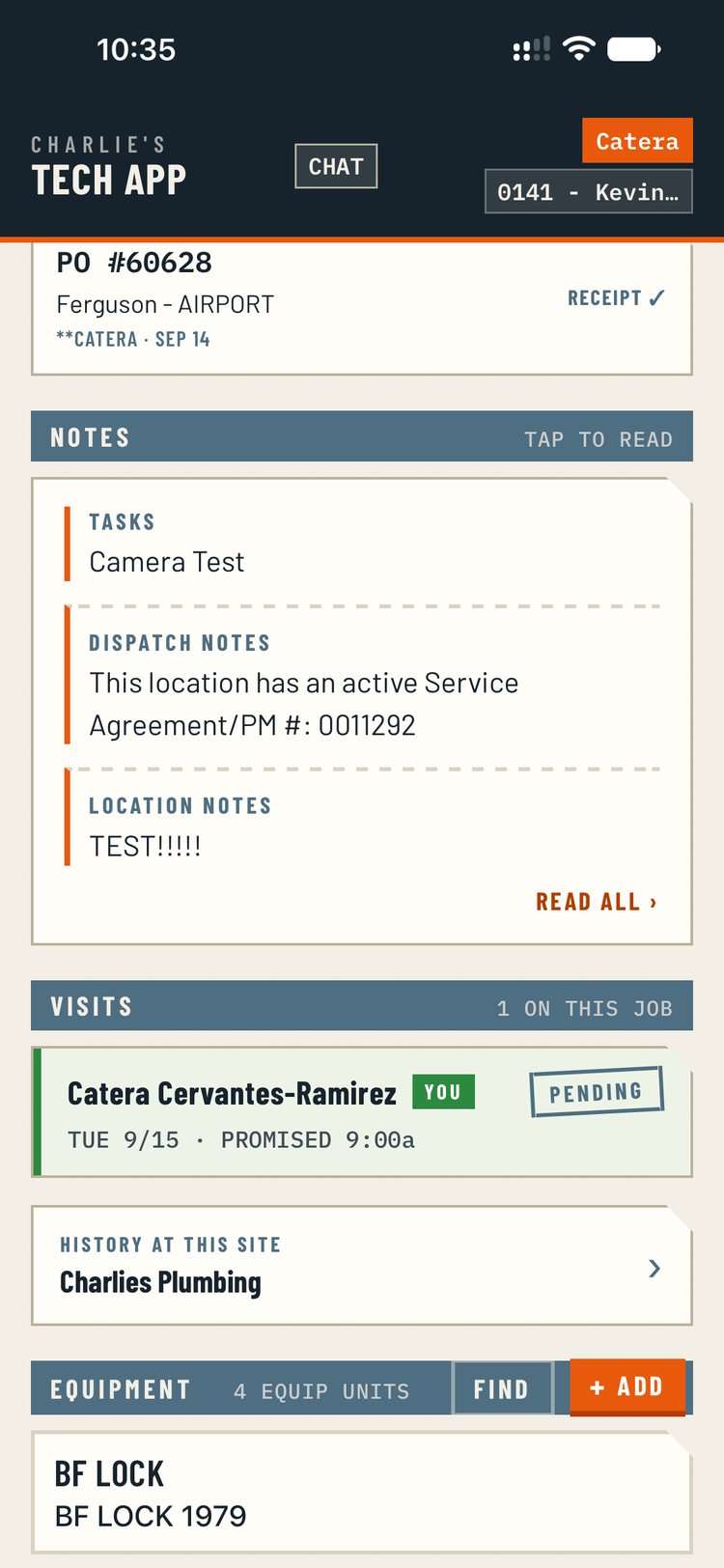 Tasks, location notes and dispatch notes shown together on the job screen.