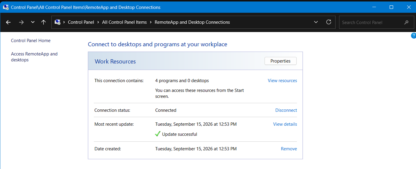The Windows RemoteApp and Desktop Connections panel showing a connected Work Resources feed.