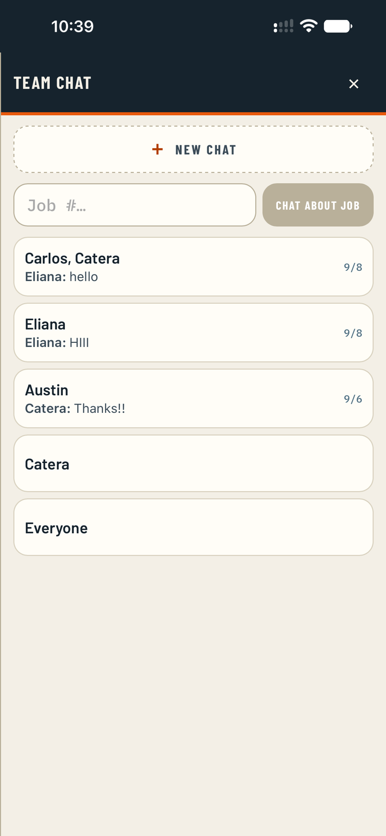The team chat list with a Chat about job box.